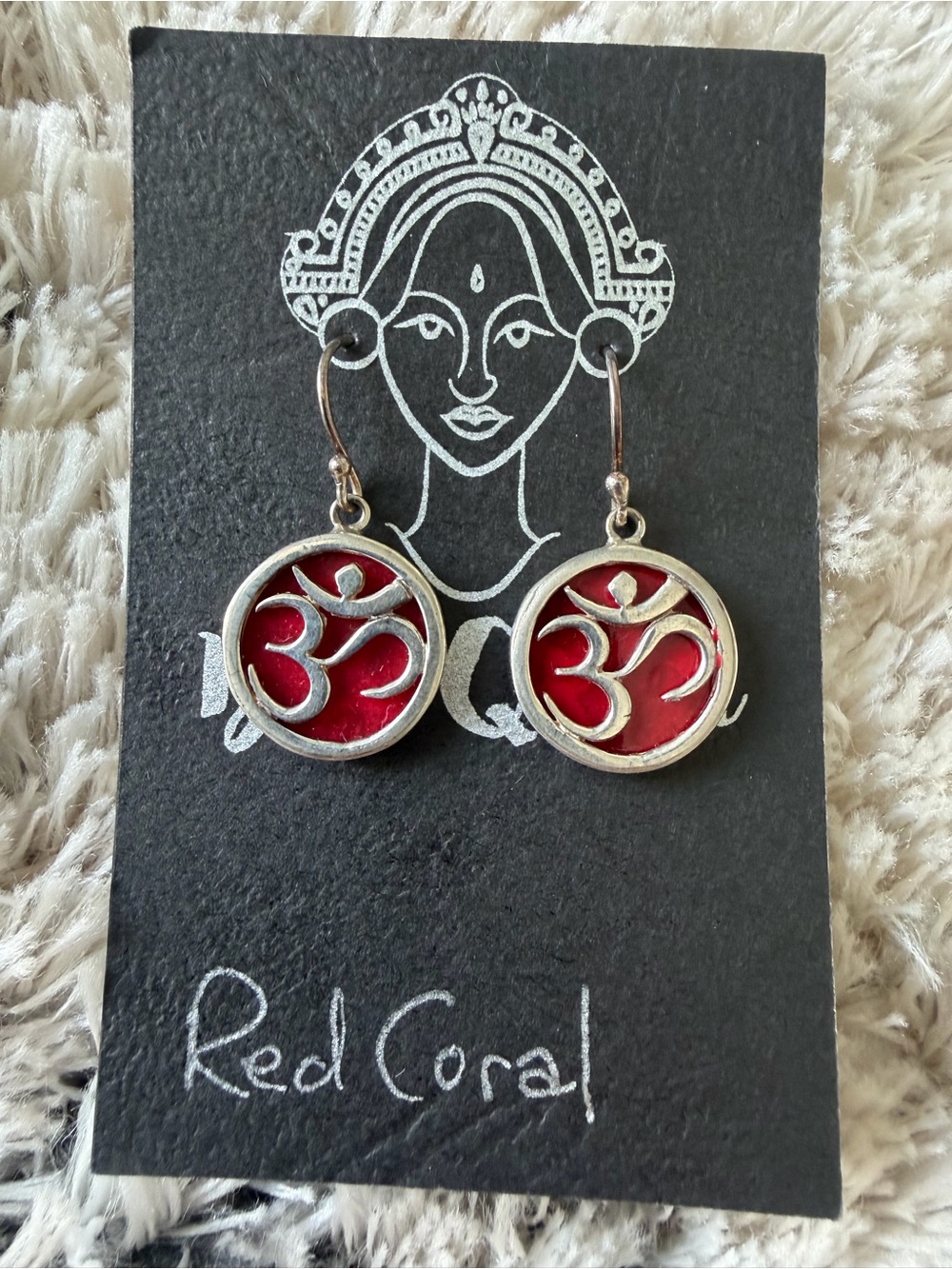 Red Coral Om Symbol Drop Earrings